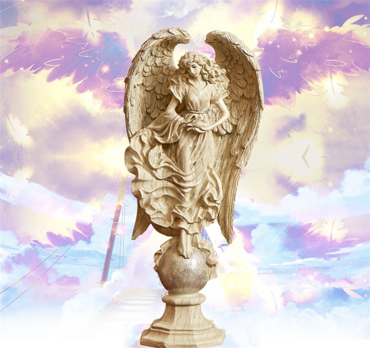 天使女神、ガーデニング雑貨、ガーデニンググッズ、丸い台座に立っている大きな翼の大天使の女神、エンジェルオブジェ、オーナメントフィギア、 小さい天使