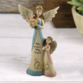 天使置物、エンジェル人形、天使雑貨グッズ、翼を広げたお母さん天使が花束を持って子供天使が花を見つめている親子天使人形、エンジェルオブジェオーナメントフィギア