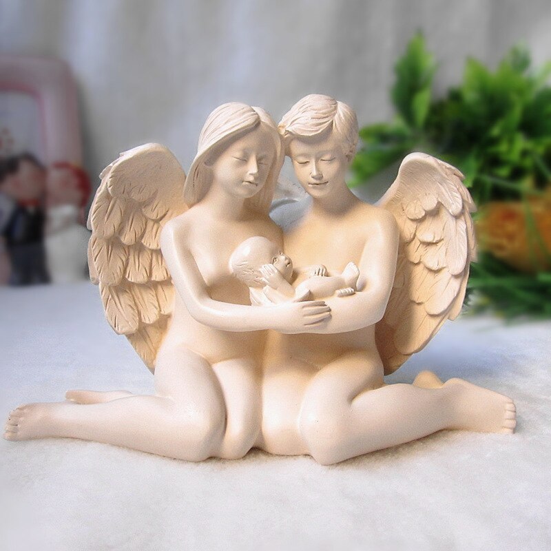 ツイン天使置物、エンジェル人形、天使雑貨グッズ、夫婦天使が赤ちゃんを抱っこしている天使人形、エンジェルオブジェオーナメントフィギア