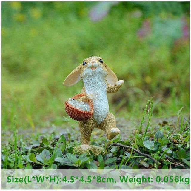 ウサギ置物、ウサギ人形、子供うさぎを籐のカゴに入れて歩いているうさぎ、兎のフィギア、ウサギオブジェecqdrabbit023